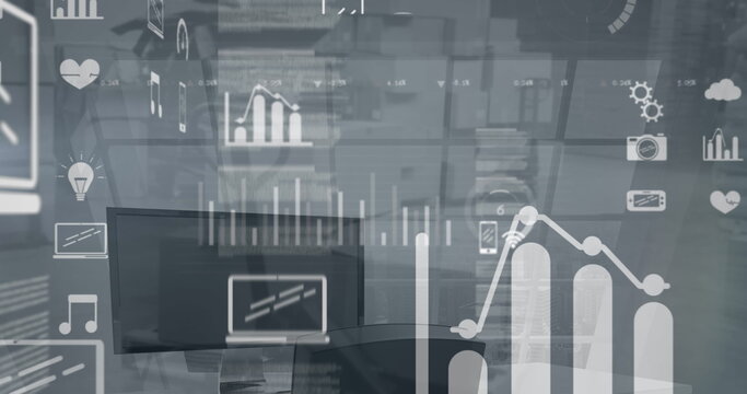 Image of statistical data processing against empty office