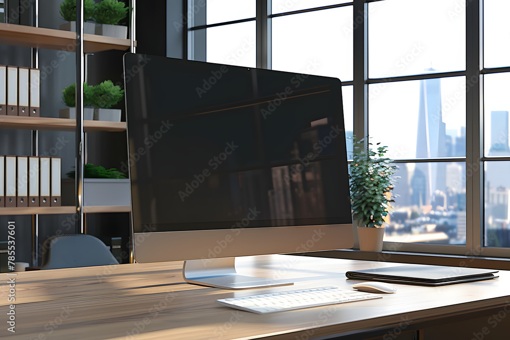 Poster close up of modern designer office workplace with empty computer monitor, window with city view and 