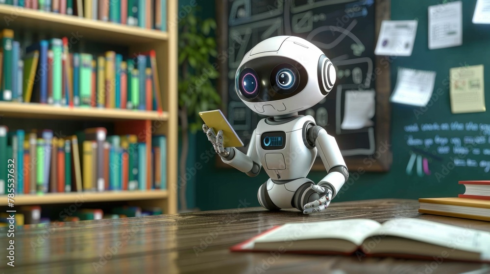 Aufkleber robotic teacher presenting lessons with interactive digital books and chalkboard in futuristic class