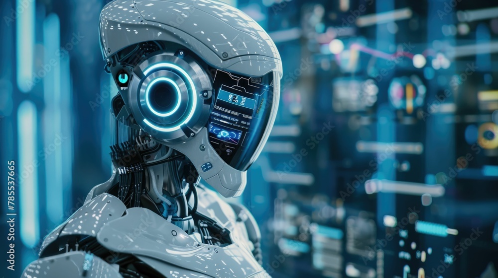 Poster futuristic robot engineer examining holographic blueprints in advanced technological workspace