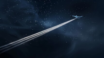Airplane speed trail smoke in night starry sky modern background. White jet contrail 3D effect. Realistic airplane flight fog vapour texture. Spaceship swirl stream shape. - obrazy, fototapety, plakaty