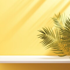 Yellow background with palm leaf shadow and white wooden table for product display, summer concept. Vector illustration, isolated on pastel background