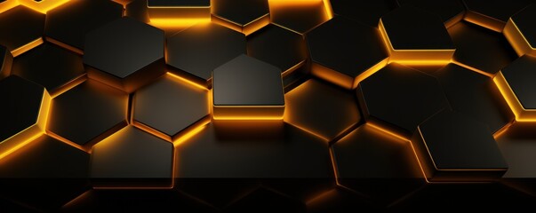 Yellow dark 3d render background with hexagon pattern