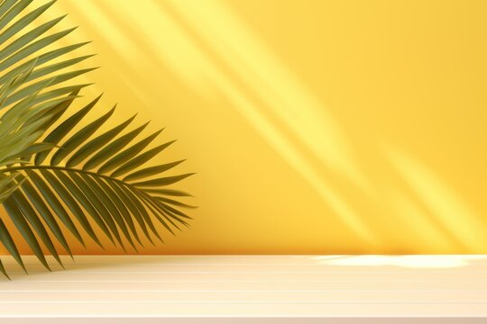 Yellow background with palm leaf shadow and white wooden table for product display, summer concept. Vector illustration, isolated on pastel background