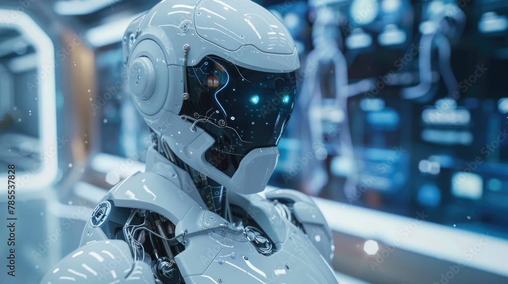 Poster futuristic robot engineer workspace with holographic blueprints and advanced technology