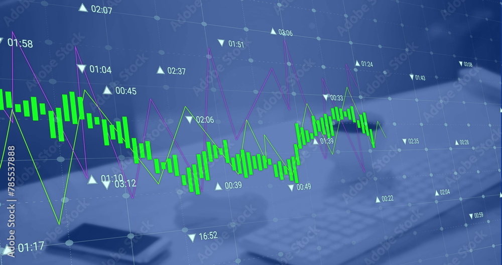 Poster image of multiple graphs, changing numbers, empty chair, cellphone, coffee and keyboard on desk