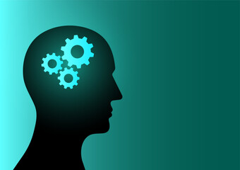 Human Head with Gear or Cogwheels. Brainstorm, Creativity and Thinking Idea Concept. Vector Illustration. 