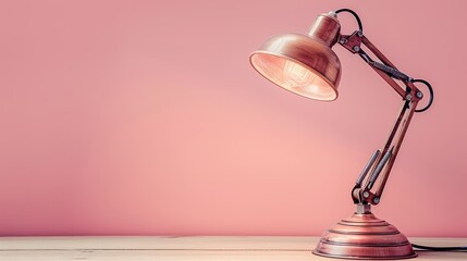   A desk lamp atop a wooden table, facing a pink wall The lamp's light illuminates the space