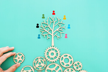 image of cogwheels and tree with people figures. human resources, leadership, management concept - obrazy, fototapety, plakaty