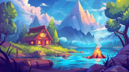 Papier Peint photo Lavable Montagnes An aerial view of a summer landscape with a wooden hut and a campfire close to the shore of a lake near a mountain range. Cartoon modern illustration of a cottage that is located by a water pond for