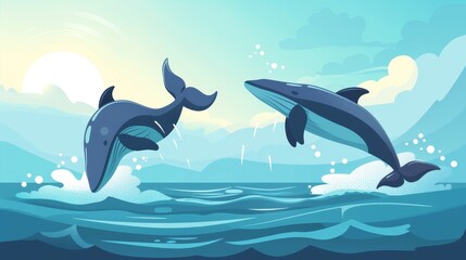 Ocean landscape with jumping whales. Sunny day modern illustration with whale or orca tail and splashes on water. Observing and exploring a large cetacean animal in its natural habitat.