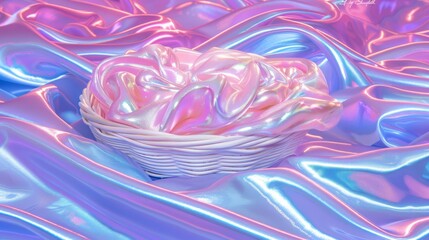   A white basket holds a pink bloom atop a blue-pink satin bed, its shiny fabric reflecting light