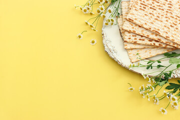 Passover background of matzoh (jewish holiday bread). Top view - 785538869
