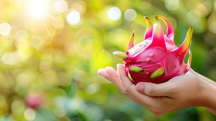 Dragon fruit selection  hand holding vibrant dragon fruit on defocused background with copy space