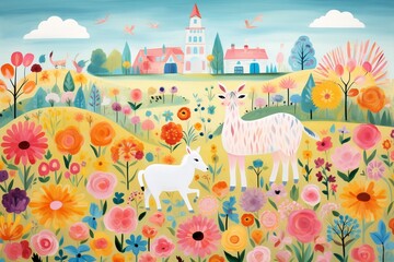 Colorful animal pals, whimsical farm backdrop with candycolored flora ,   illustration