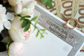 Naklejka premium Canadian Certificate of registration of marriage blank document and wedding ring with canadian dollars close up