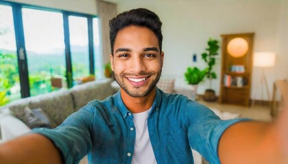 Selfie picture of a happy young handsome millennial man smiling at the camera in the living room in a modern home
