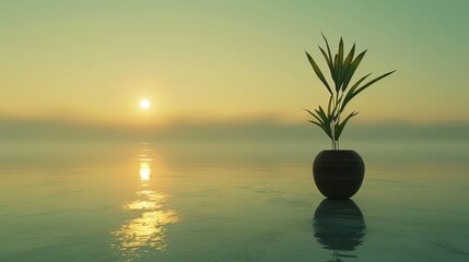   A vase containing a plant floats in the center of a tranquil body of water Sun sets in the backdrop