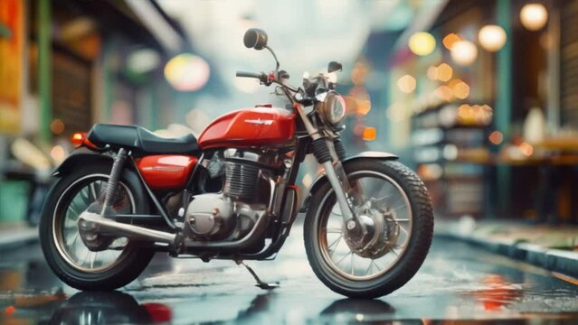 Vintage motorcycle parked on a cobblestone street with a blurred city background, showcasing a classic design with a red fuel tank.