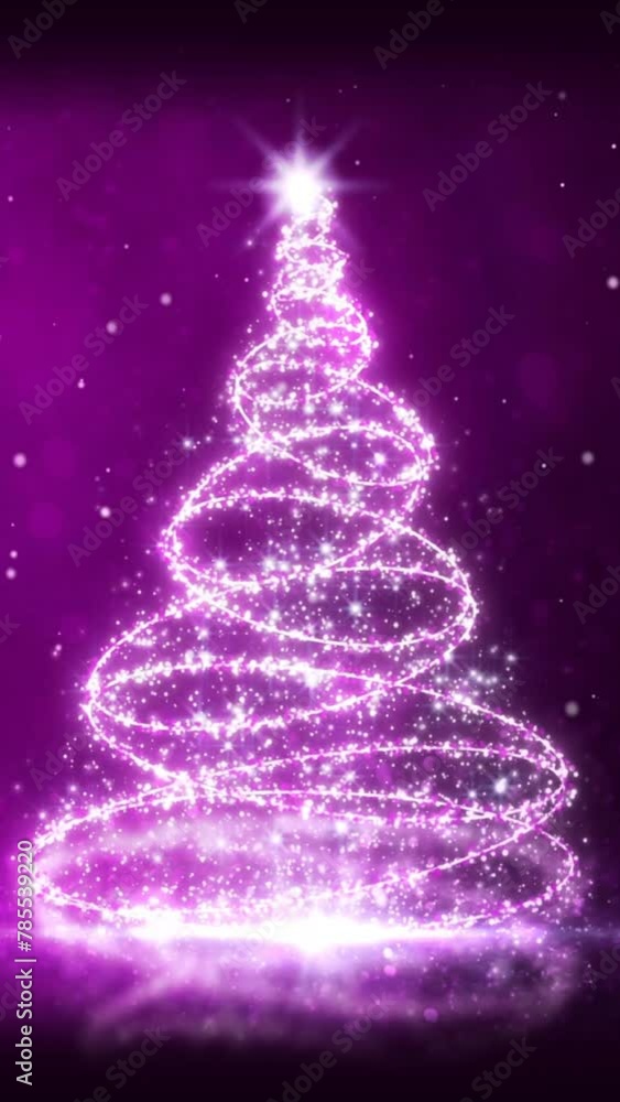 Wall mural vertical purple glitter tree with snow particles 4k features a sparkling christmas tree shape with p