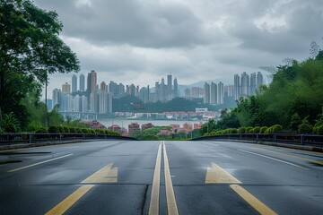 A road with a city in the background and a few trees on the side of the road with yellow lines a