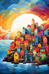 A whimsical seaside town, the houses resembling a rainbow array, with the sun reflecting off the playful waves ,  illustration