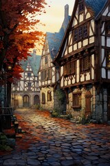A village square at dusk, where trees with leaves like stained glass cast colorful shadows on cobblestones ,  illustration