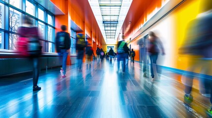 Vibrant university hallway with a blurred motion effect, depicting the bustling activity and dynamic movement of students 02 - obrazy, fototapety, plakaty