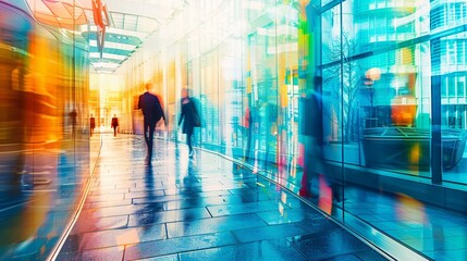 Vibrant scene of a corporate corridor with blurred motion, illustrating the dynamic movement of individuals - obrazy, fototapety, plakaty