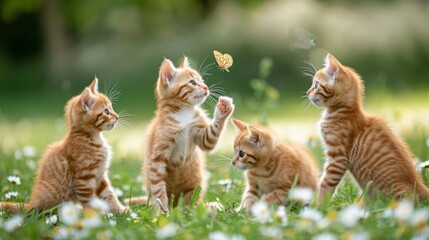 Adorable kittens playfully chasing butterflies amidst blooming flowers in a garden