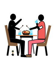 Two people are sitting at a table with a bowl of food in front of them
