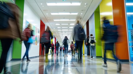 Vibrant and energetic scene of a university corridor with blurred motion effect, illustrating the dynamic movement of students 02 - obrazy, fototapety, plakaty