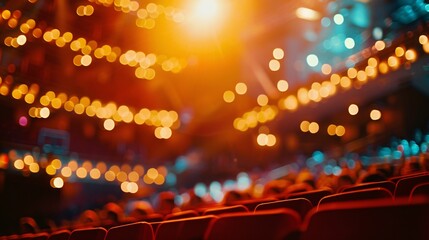 Soft-focused view revealing the energy of a concert hall with blurred stage, vibrant lighting, and...