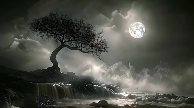 A solitary tree stands at the riverbank against a misty backdrop, illuminated by the radiant moon on the horizon, captured in intricate detail through black and white motion graphic
