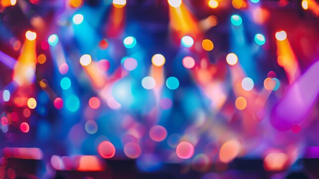Soft-focused image portraying the energy of a concert venue with blurred stage, colorful lighting, and lively atmosphere 03