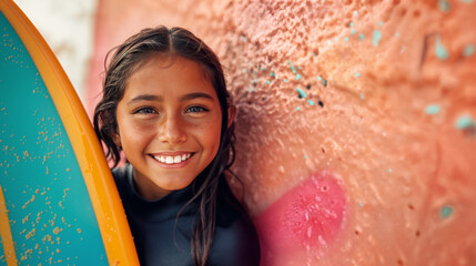 portrait of a happy girl in wetsuit with surfboard, generative ai - obrazy, fototapety, plakaty