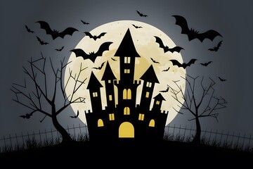 Image Halloween castle with bats and moon in background, setting a spooky atmosphere for seasonal designs - obrazy, fototapety, plakaty