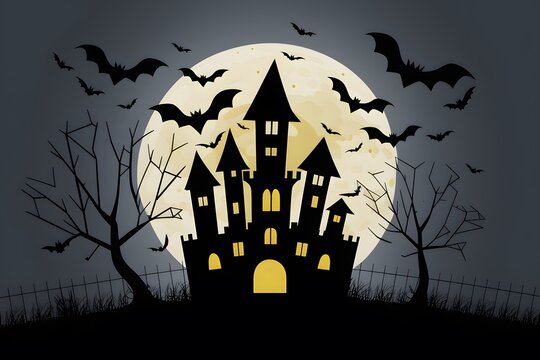 Image Halloween castle with bats and moon in background, setting a spooky atmosphere for seasonal designs