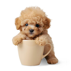 Little cute puppy of Toy Poodle dog with a cup, isolated on transparent background, cute puppy dog concept, realistic illustration, generative ai - 785540236