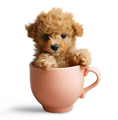 Little cute puppy of Toy Poodle dog in a cup, isolated on transparent background, cute mini puppy dog concept, realistic illustration, generative ai - 785540245