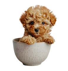 Little cute puppy of Toy Poodle dog in a cup, isolated on transparent background, cute mini puppy dog concept, realistic illustration, generative ai - 785540250