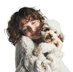 Woman hugging her loved Toy Poodle dog, isolated on transparent background, people and pets concept, realistic illustration, generative ai