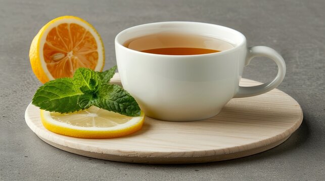   A wood table holds a steaming cup of tea, accompanied by slices of lemon and orange Gray surface underneath