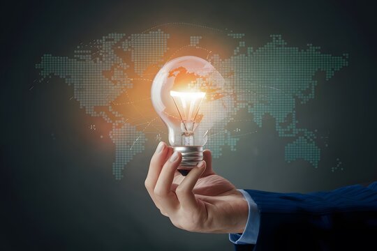 ImageStock Businessman hand holding light bulb, emphasizing global internet connection and digital marketing