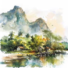 Cercles muraux Guilin Vietnam A painting of a mountain range with a river and houses in the valley. The mood of the painting is peaceful and serene