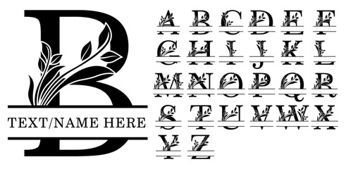 Monogram Floral Split Letters, Split Alphabet, Split Font Vector 