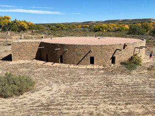 Great Kiva at Aztec Ruins National Monument in New Mexico. Best preserved Chacoan structures including Aztec West great house built by ancestral Pueblo people. Reconstructed kiva, religious site.