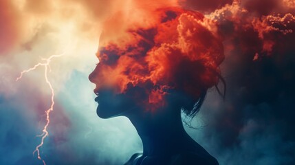 Silhouette of a young woman in a colorful and stormy sky