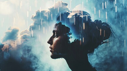 Profile portrait of a person with a raincloud above them against a simple backdrop, rain falling gently, conveying a sense of introspection and tranquility 01 - obrazy, fototapety, plakaty