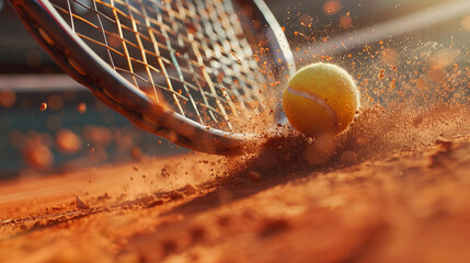 On a clay tennis court, a close-up of a racket hitting the ball
